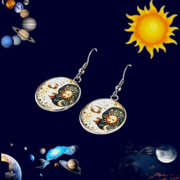 Moon Star Sun Earrings Navy Blue Eclectic Planet Astrology Zodiac Celestial Taro - Picture 5 of 12